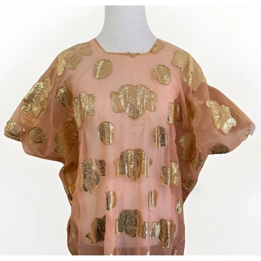 Kaftan Caftan Maxi Dress 1 Size Peach BOHO Gold Paisley Embellished Square Neck - Picture 5 of 12